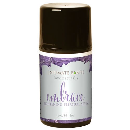 Zylinderförmige Flasche mit schwarzem Deckel. Aufschrift: Intimate Earth, embrace, Tightening Pleasure Serum.