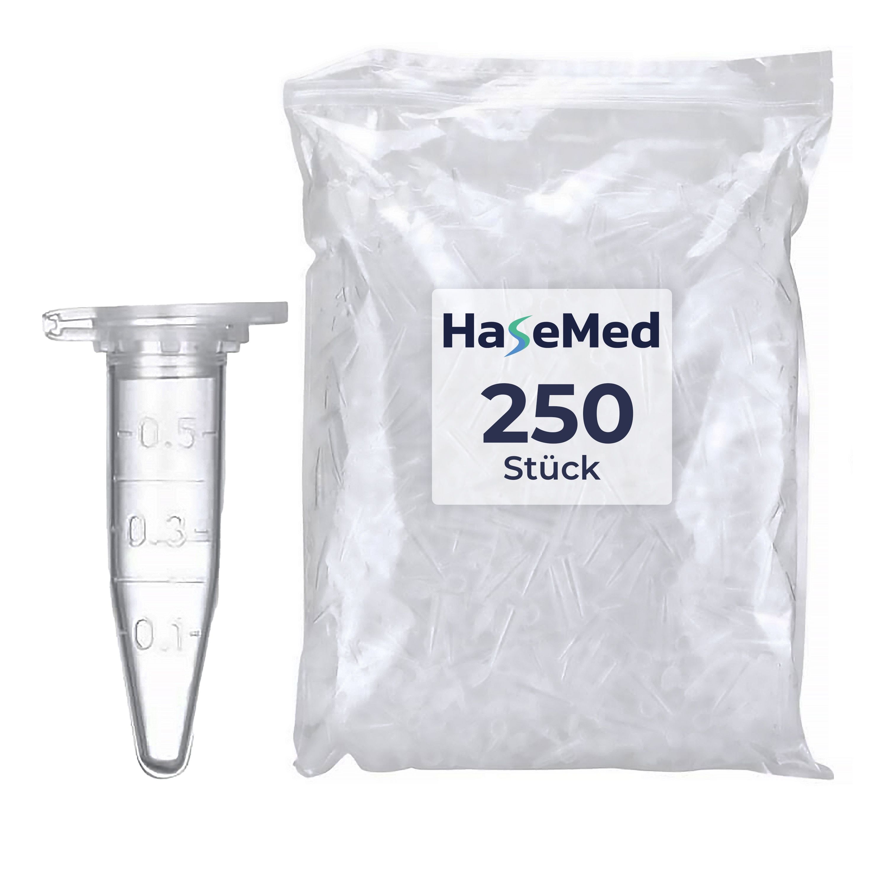 Ein einzelnes Zentrifugenröhrchen mit Deckel und eine Tüte mit weiteren Röhrchen. Auf der Tüte steht "HaseMed 250 Stück".