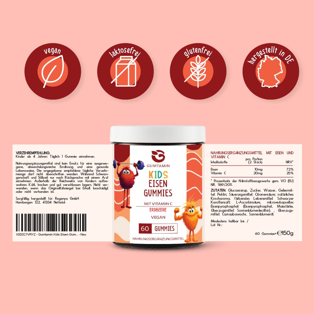 Dose Gummibärchen mit Etikett. Text: Gumtamin, Kids Eisen Gummies, Erdbeere, Vegan. 60 Gummies. Vegan, laktosefrei, glutenfrei, hergestellt in DE.