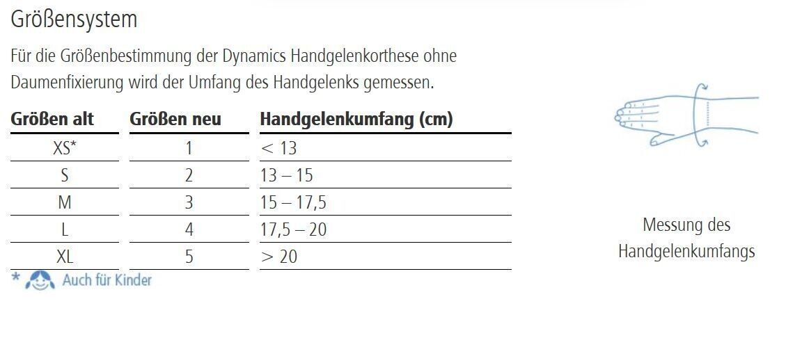 Größentabelle für Handgelenkorthese ohne Daumenfixierung. Größen: XS bis XL. Handgelenkumfang in cm angegeben. Illustration.