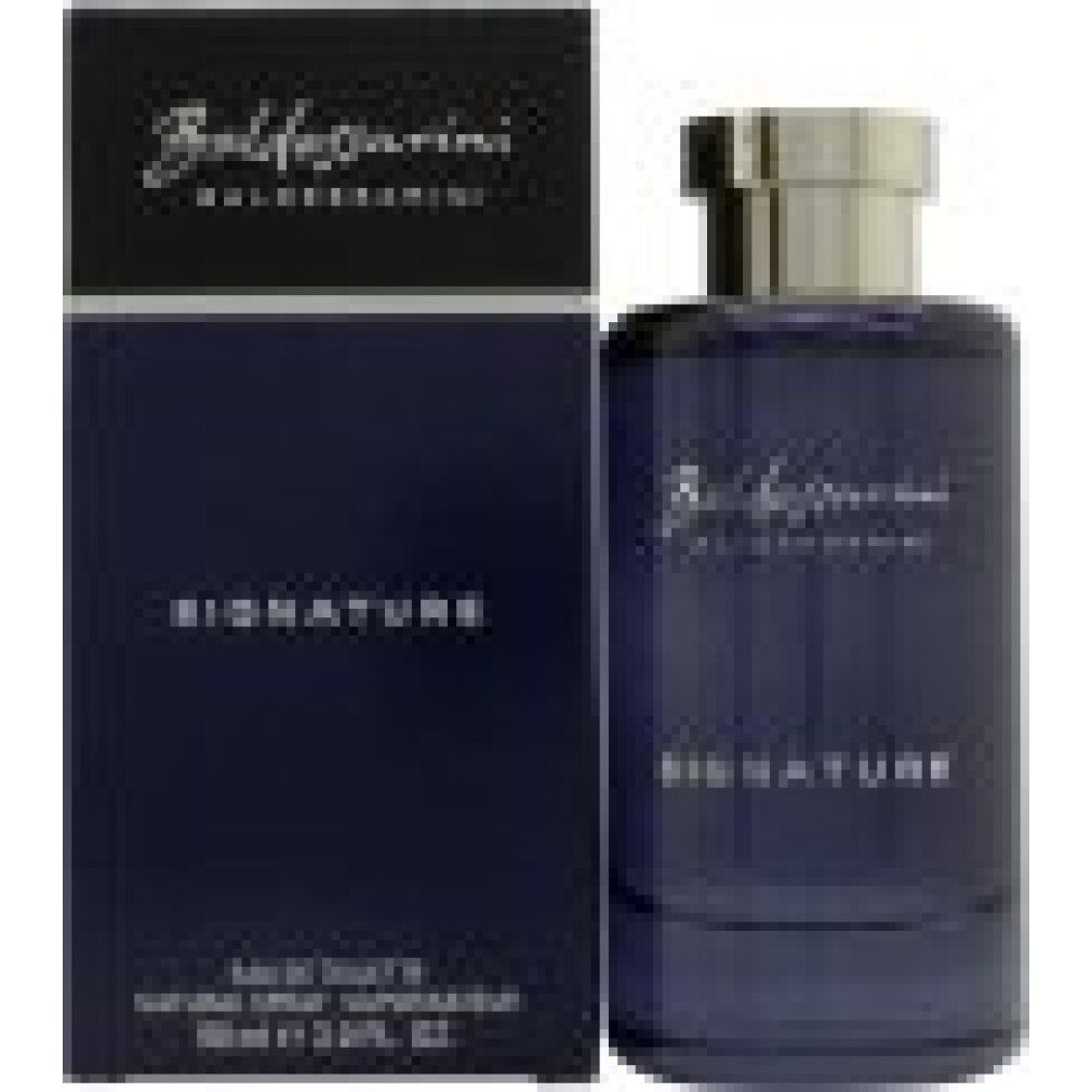 Blauer Flakon und Schachtel. Aufschrift: Baldessarini, Signature. Flakon mit silbernem Verschluss. 100ml.
