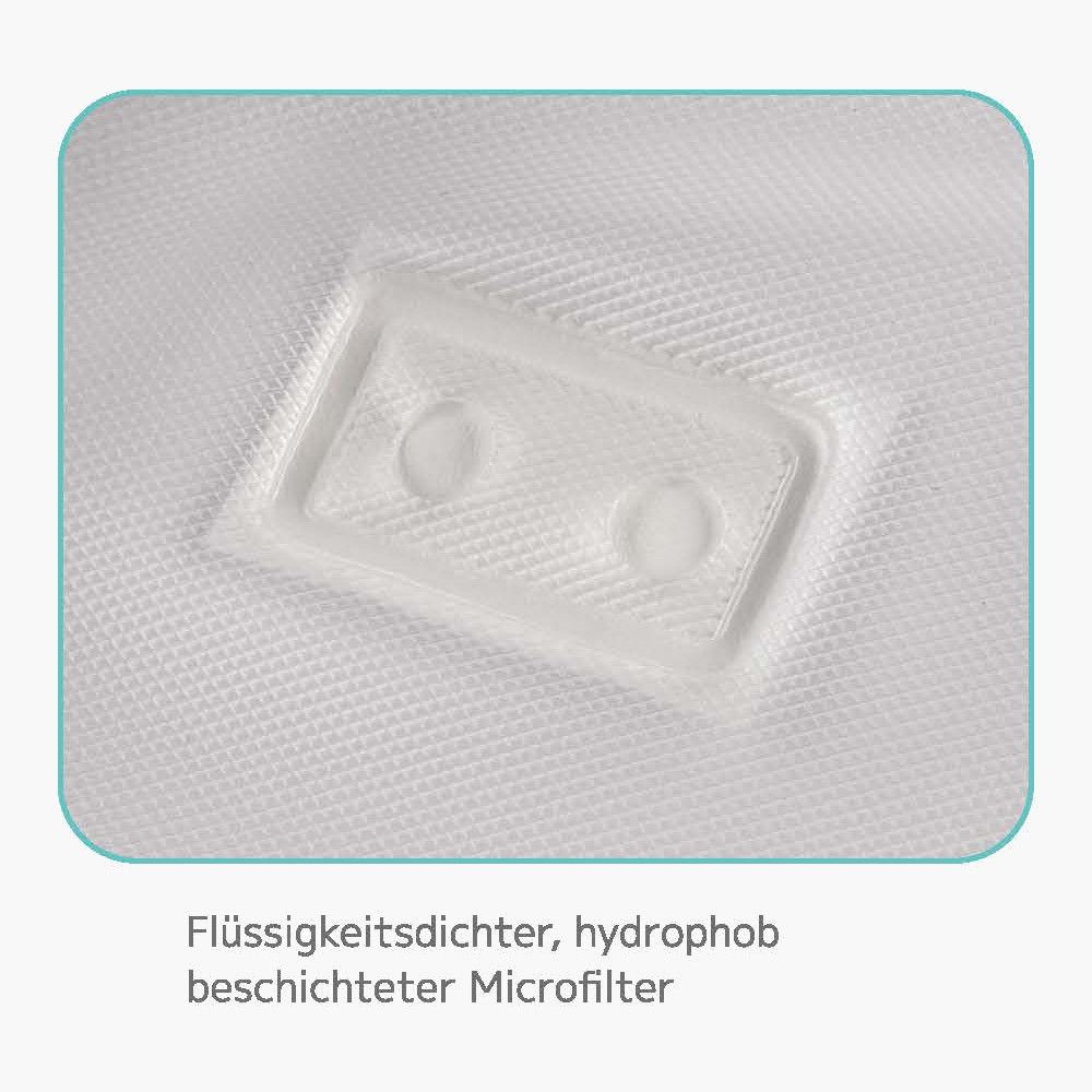 Nahaufnahme eines Mikrofilters. Text: Flüssigkeitsdichter, hydrophob beschichteter Mikrofilter.