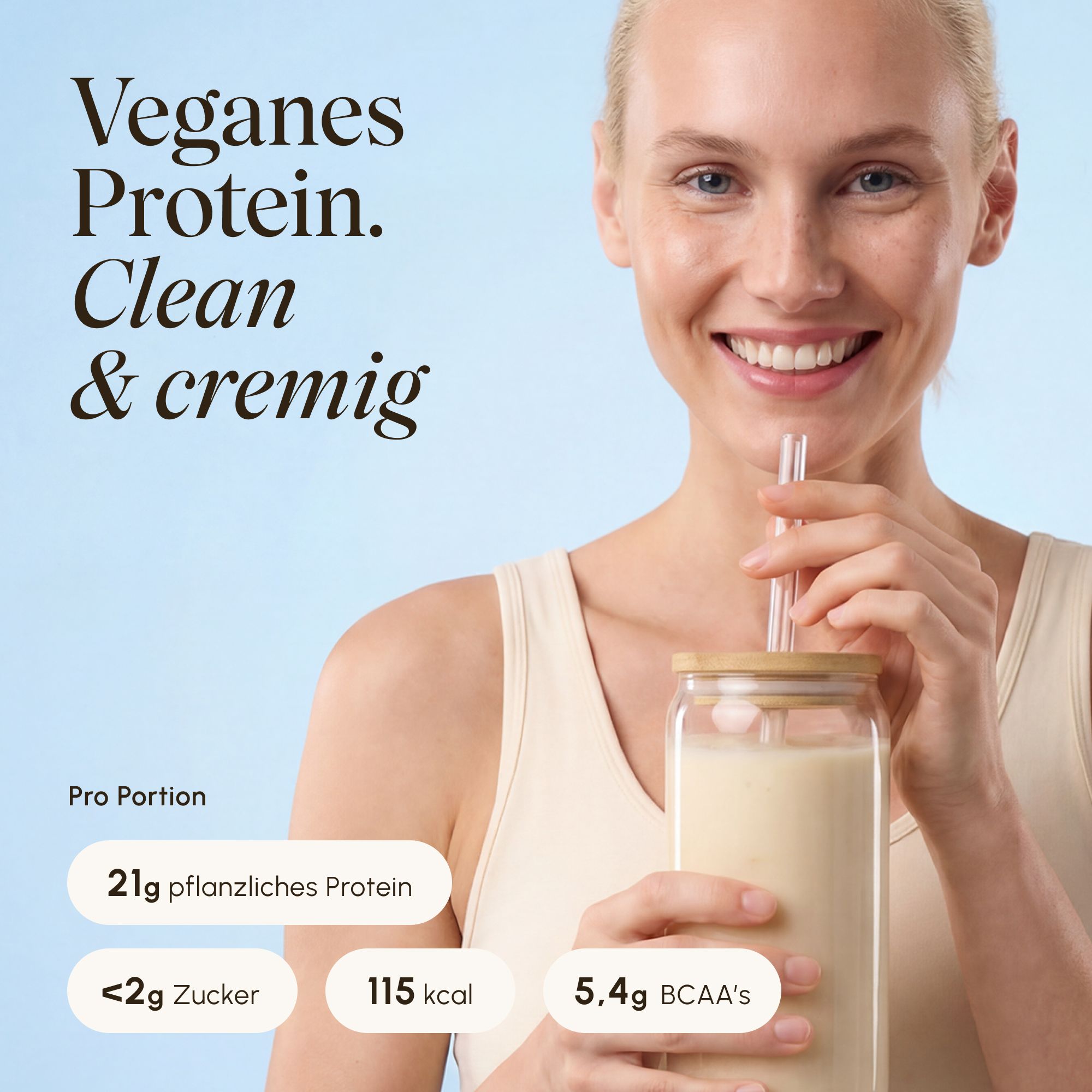 Vetain Vegan Protein Zimt: 21g pflanzliches Protein, <2g Zucker, 115 kcal, 5.4g BCAA's pro Portion. Clean & cremig.