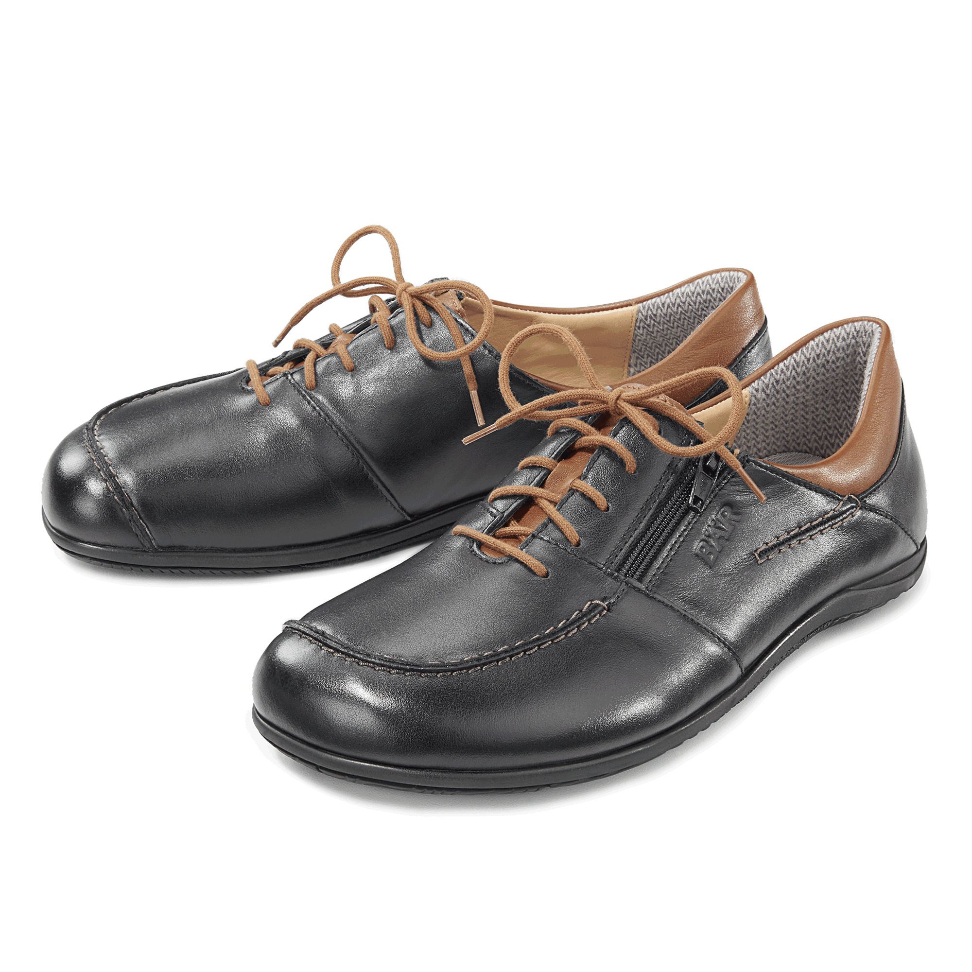 Schwarze Lederschnürschuhe mit braunen Schnürsenkeln und Akzenten. Reißverschluss an einem Schuh. BÄR-Logo.