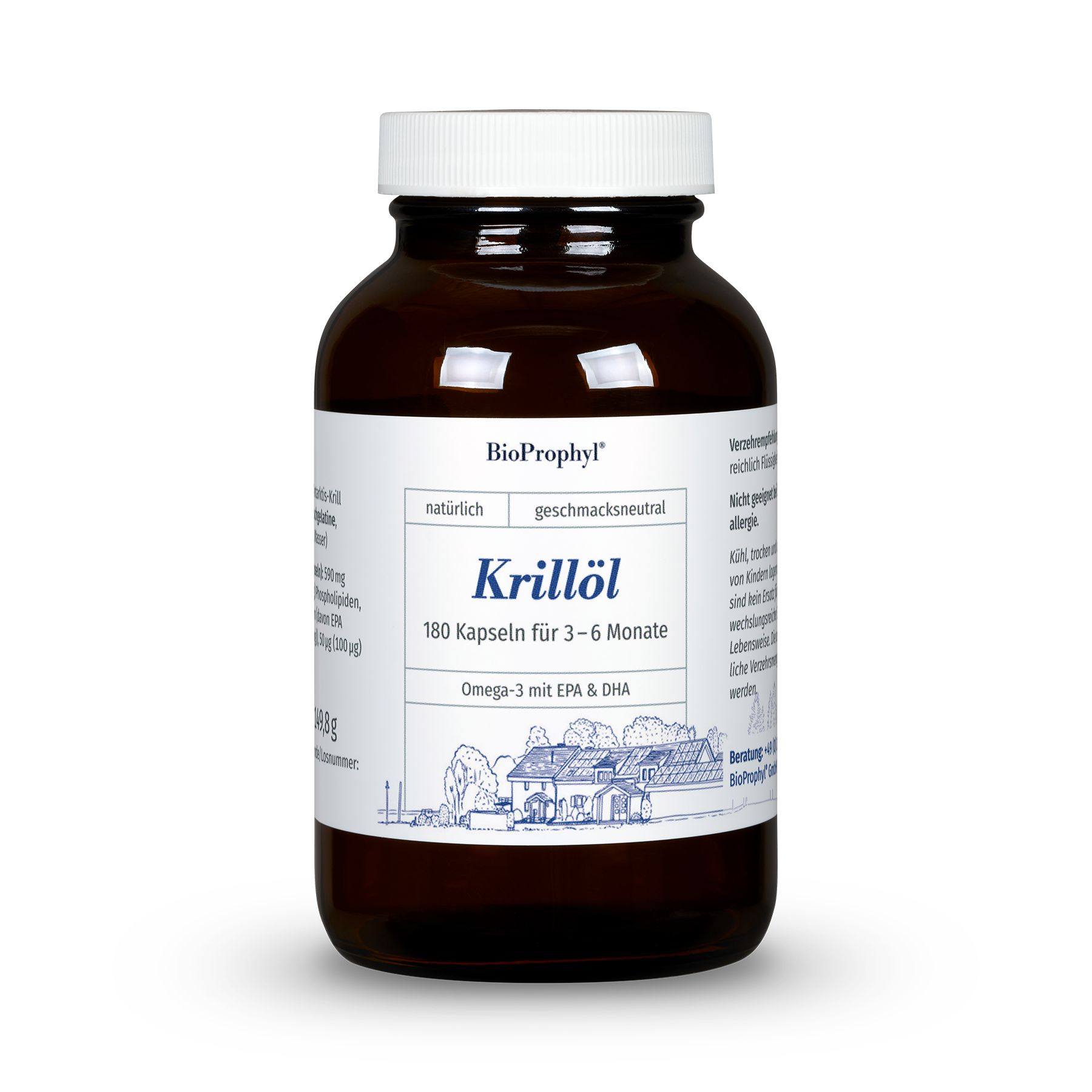 Braune Glasflasche mit weißem Deckel und Etikett. Auf dem Etikett steht "Krillöl" und "180 Kapseln".