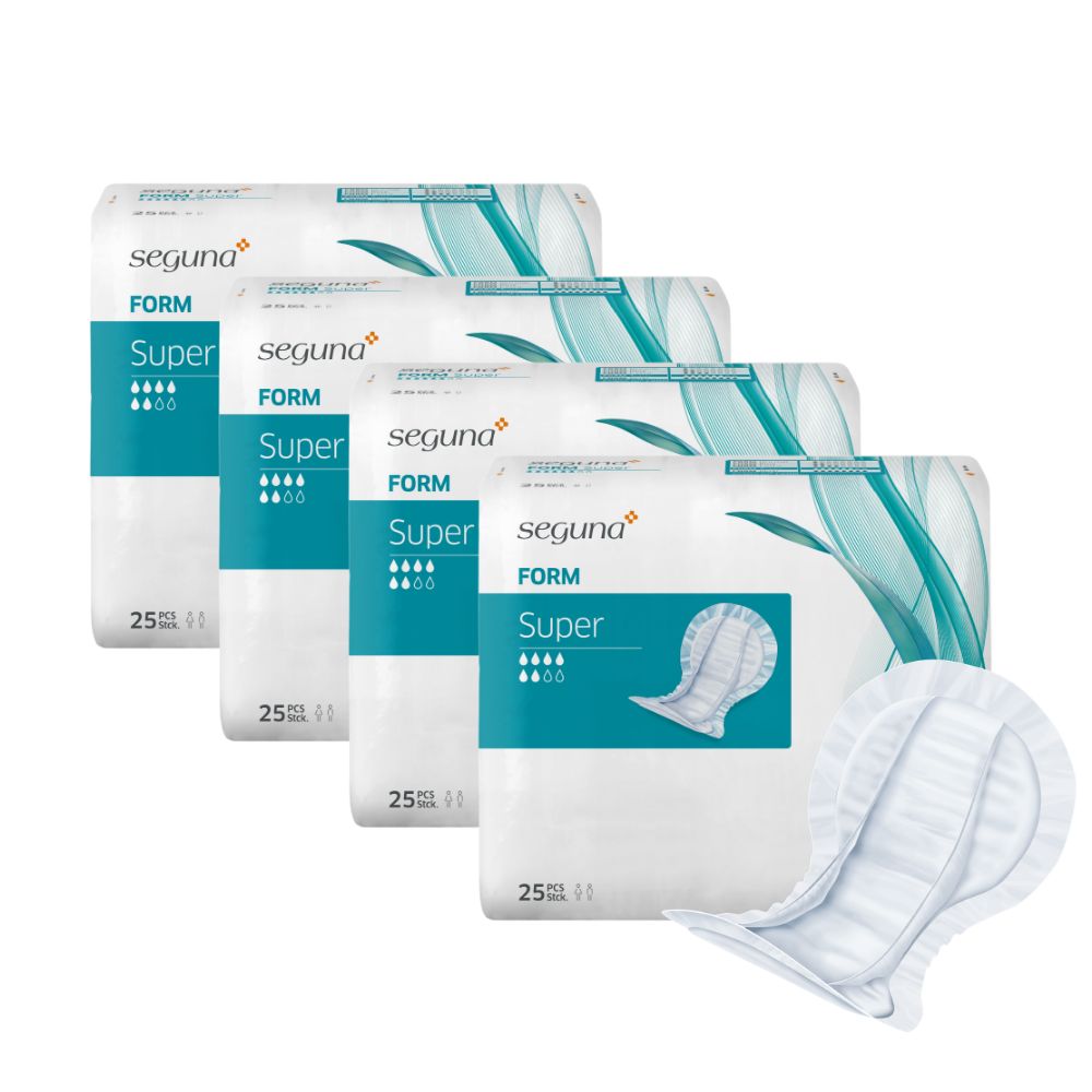 Mehrere Packungen Inkontinenzeinlagen. Aufdruck: seguna FORM Super, 25 Stück. Eine Einlage liegt daneben.