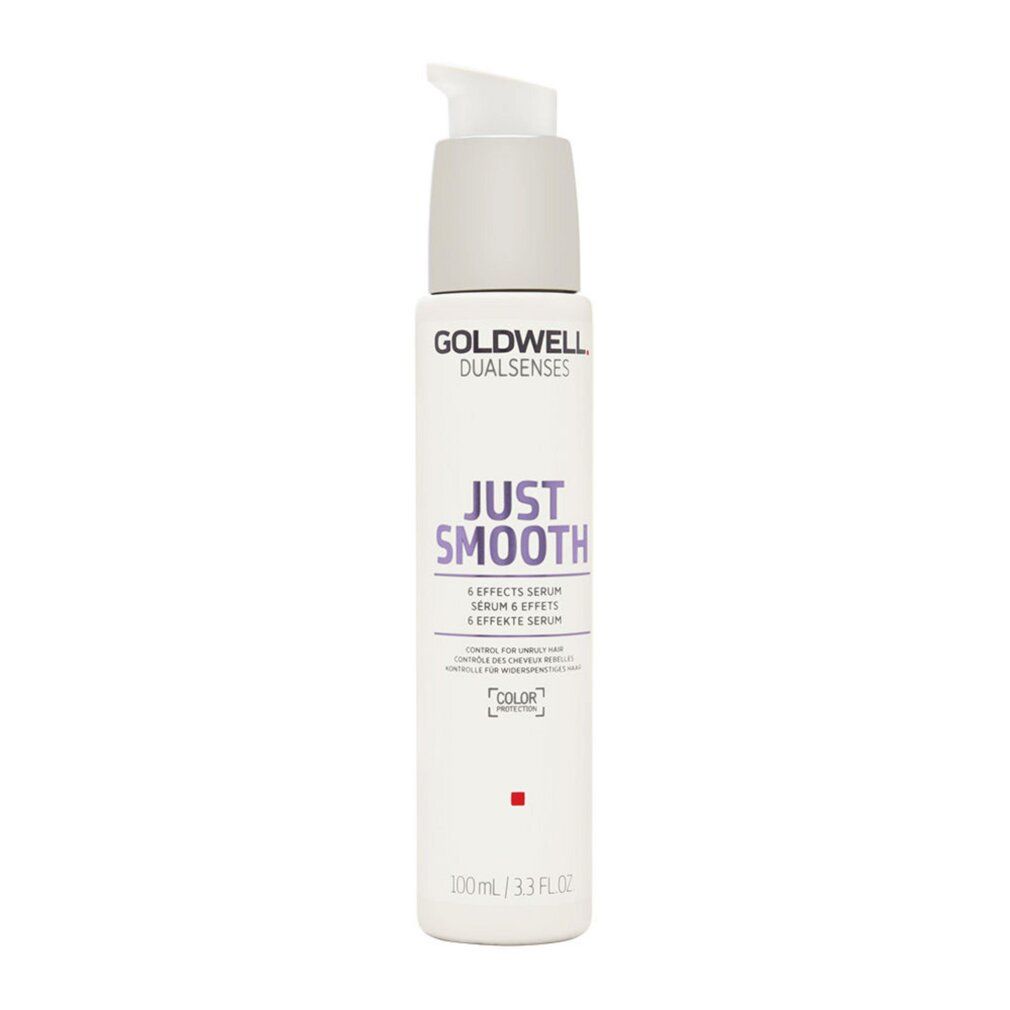 Weißes Serum mit Pumpkopf. Aufschrift: Goldwell Dualsenses, Just Smooth. Enthält 6 Effekte Serum. 100ml/3.3 FL.OZ.