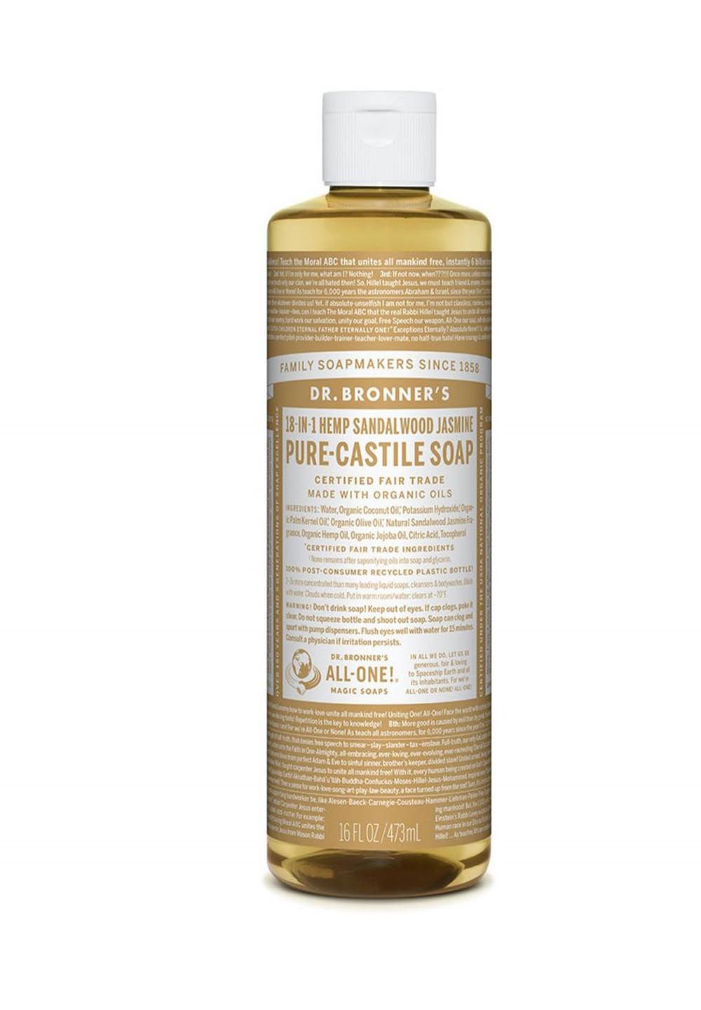 Eine Flasche Dr. Bronner's Sandelholz-Jasmin Seife. Mit weißem Deckel und braunem Etikett. 16 fl oz/473ml.