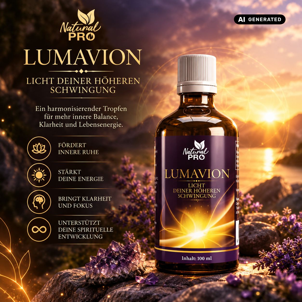 Dunkelbraune Glasflasche mit Lumavion Essenz vor einem Sonnenuntergang am Meer. Das Etikett zeigt goldene Lichtstrahlen und Produktvorteile.