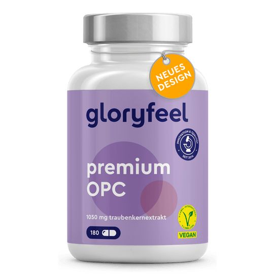 Weißes Glas mit lila Etikett. Aufschrift: gloryfeel premium OPC. Enthält 180 Kapseln. Vegan-Siegel. Gelbes Anhängeschild: Neues Design.