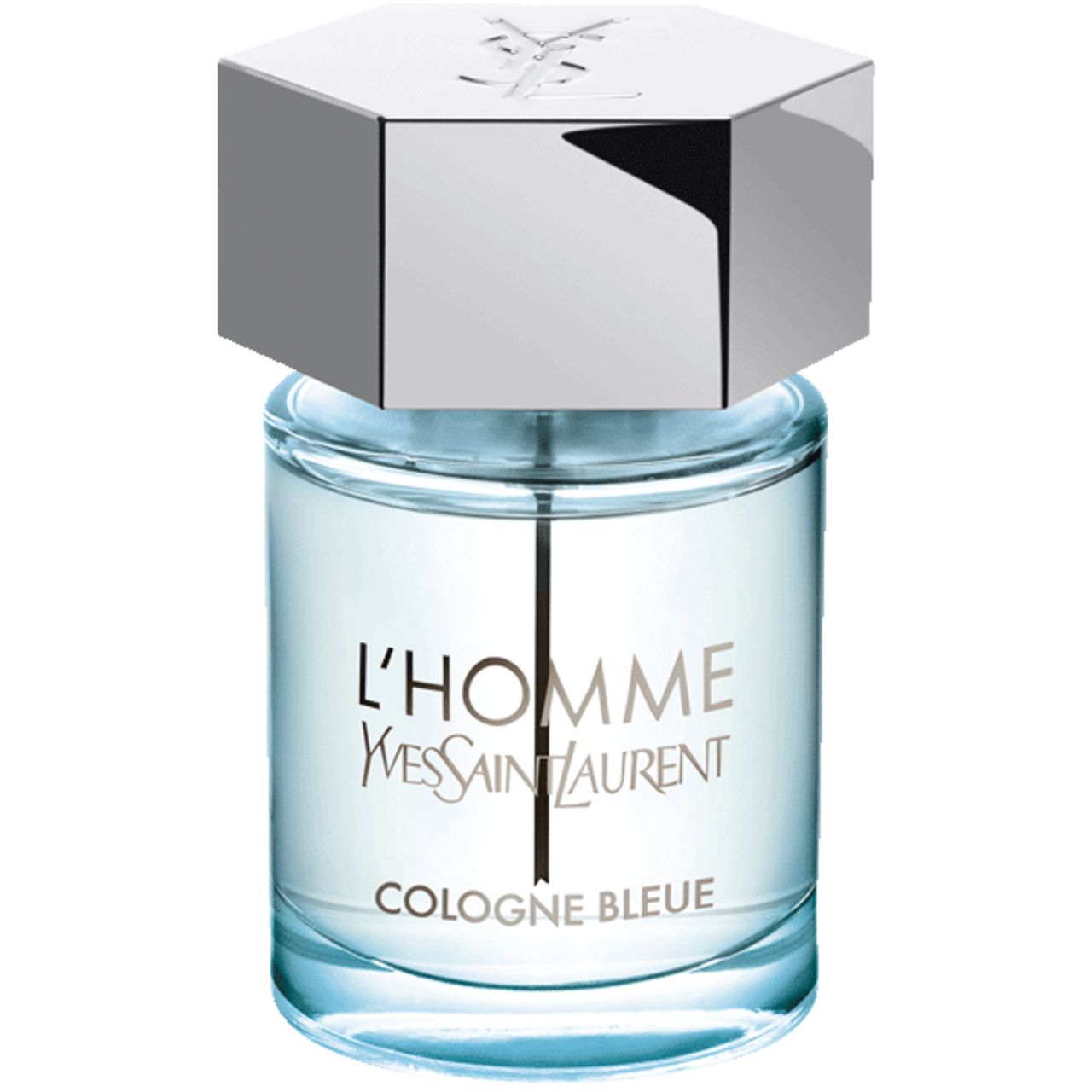 Yves Saint Laurent L'Homme Cologne Bleu Flakon. Zylindrischer Glasflakon mit silbernem Deckel. Text: L'Homme, Cologne Bleu.