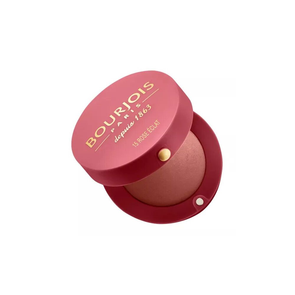 Rosafarbener Behälter, geöffnet. Innen Rouge. Aufschrift: BOURJOIS PARIS, depuis 1863, 15 ROSE ÉCLAT.