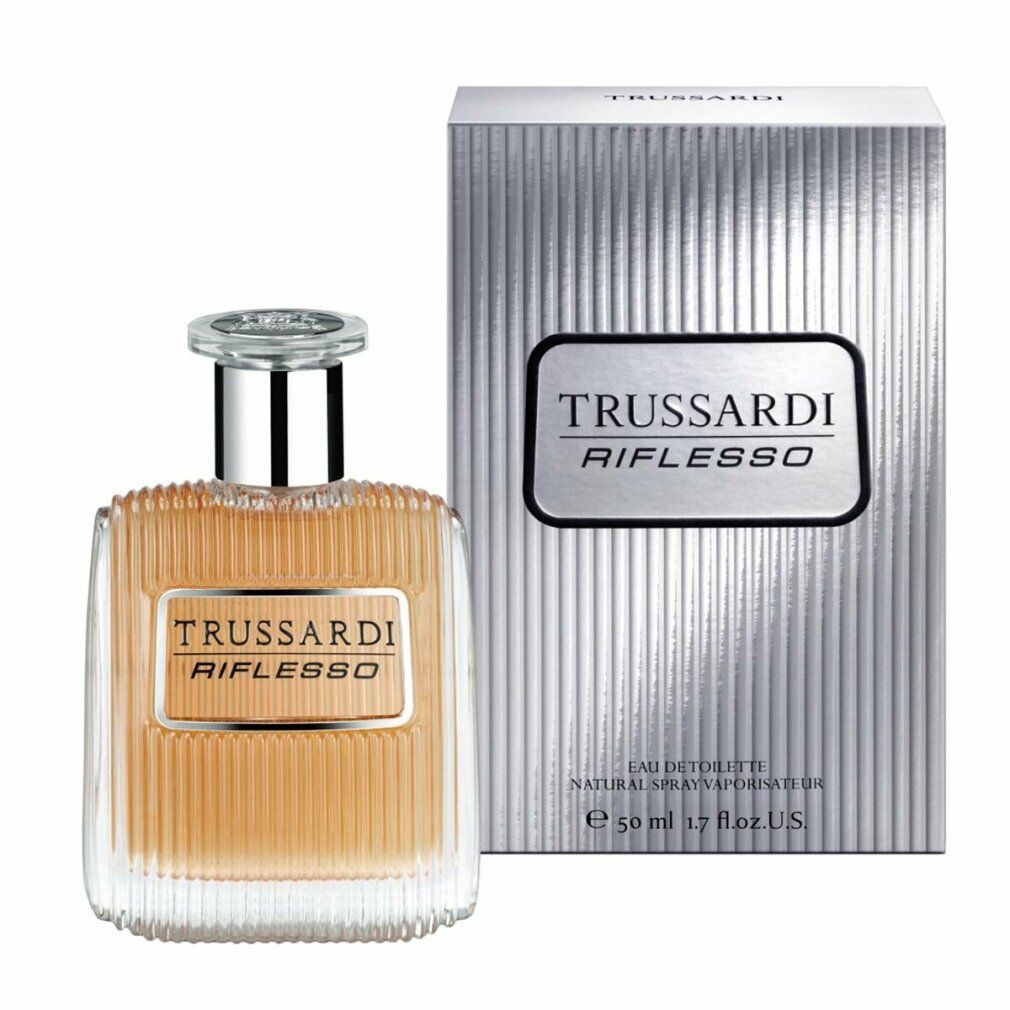 Flakon und Verpackung von Trussardi Riflesso Eau de Toilette. Flakon mit silbernem Verschluss, rechteckig, geriffelt. Verpackung silberfarben.