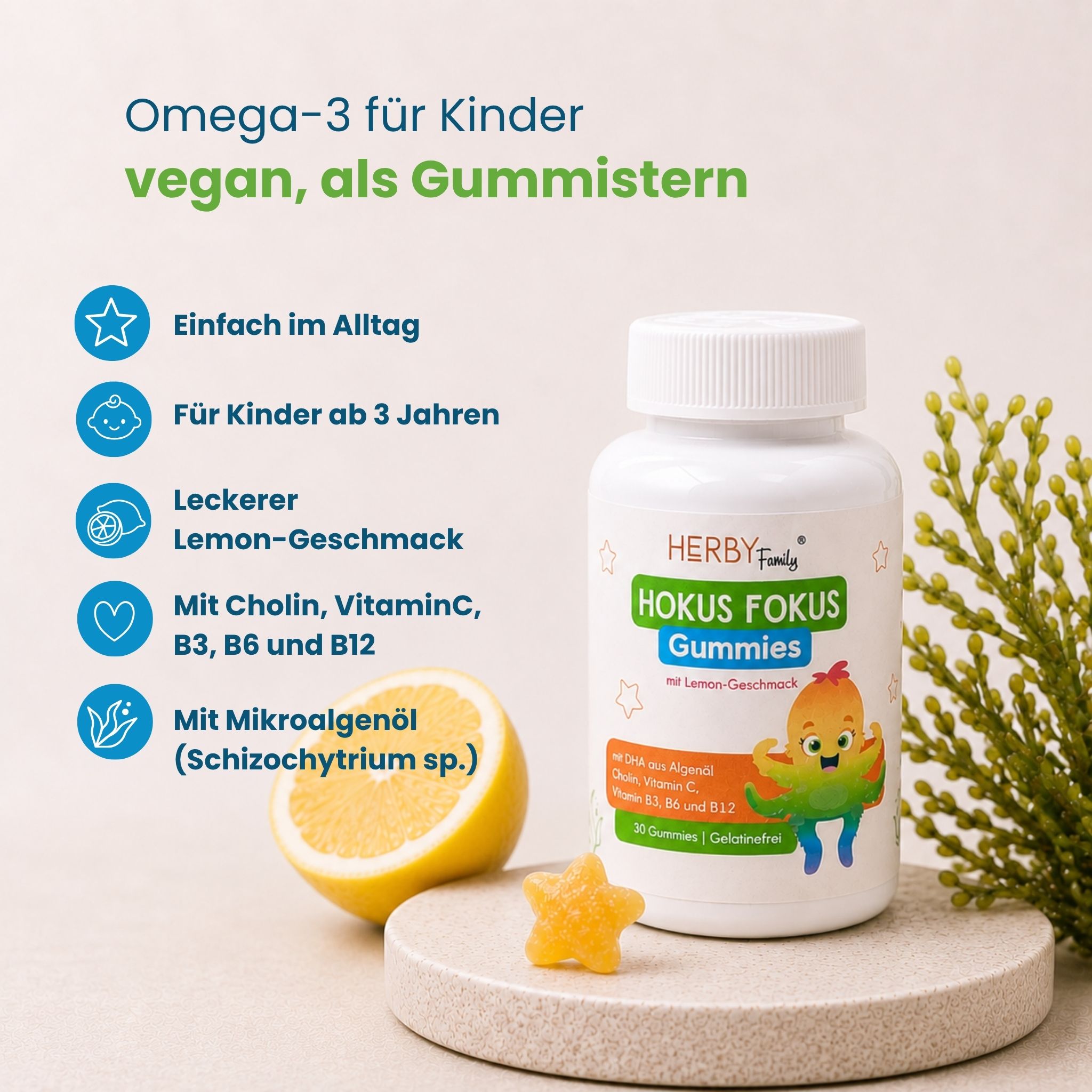 Flasche Hokus Fokus Gummies, Zitrone und Liste der Vorteile.