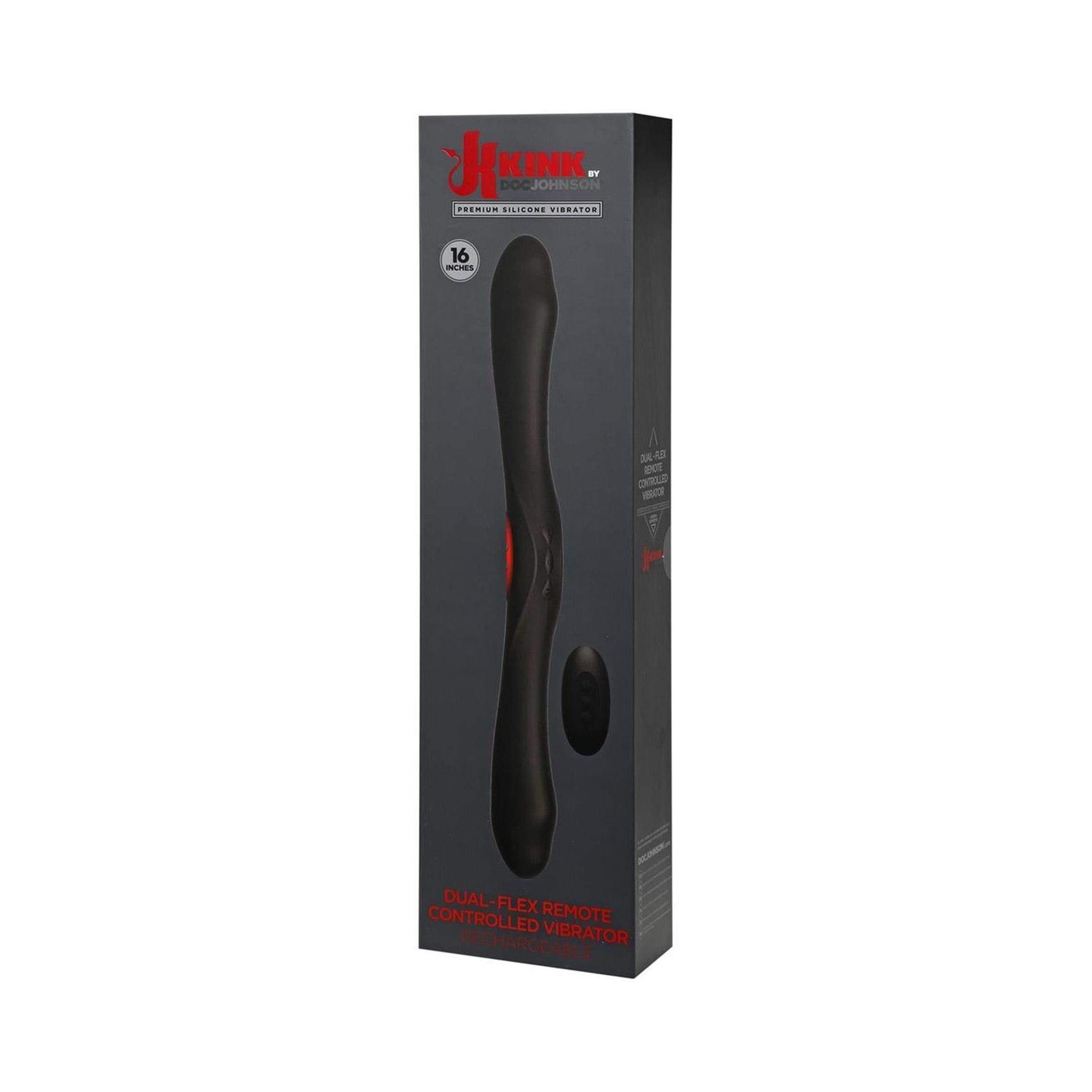 Schwarzer Vibrator in Verpackung. Aufschrift: KINK, Dual-Flex, Wireless Remote Control. 16 Modi.