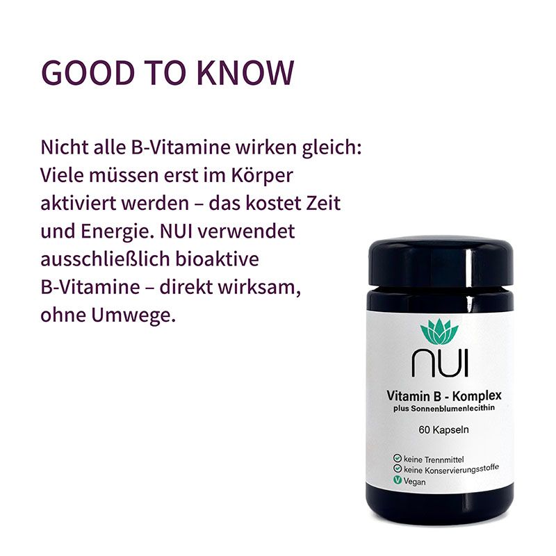 NUI Vitamin B-Komplex Flasche. Schwarzer Deckel, weißes Etikett. Enthält 60 Kapseln. Enthält bioaktive B-Vitamine.