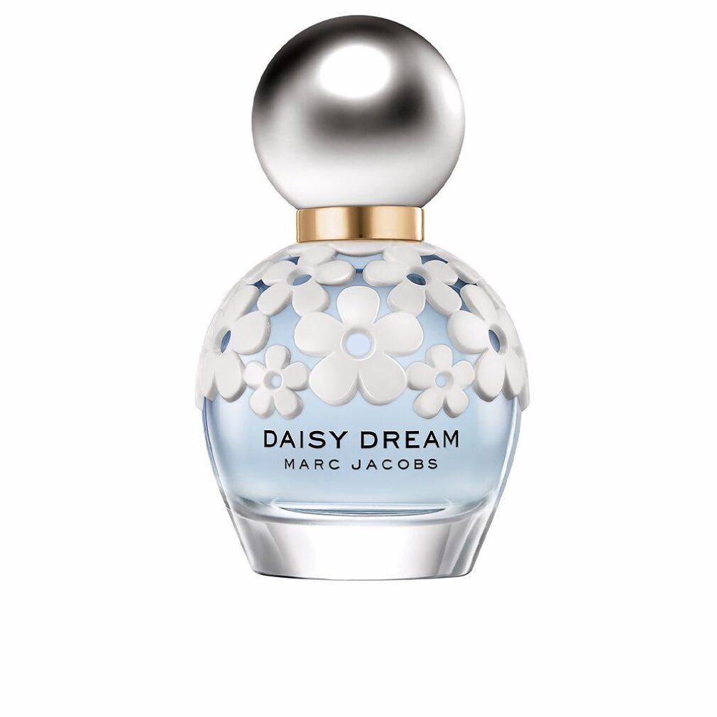 Parfümflasche mit silbernem Deckel und weißen Blüten. Aufschrift: Daisy Dream, Marc Jacobs.