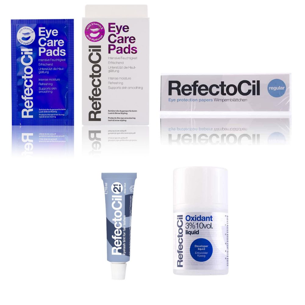 Refectocil Wimpernfarbe tiefblau 2.1 & Oxidant flüssig 3% Wimpernblättchen Eye Care Pads Set 15 ml Creme