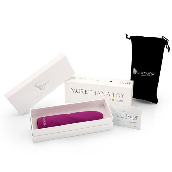 Produktverpackung mit pinkfarbenem Vibrator, Markenname Lumunu und Zubehör.