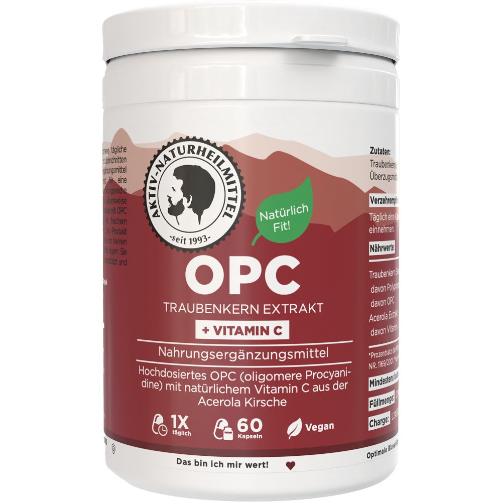 Weißes Behältnis mit rotem Etikett. Aufschrift: OPC Traubenkernextrakt + Vitamin C. 60 Kapseln. Vegan. Nahrungsergänzungsmittel.