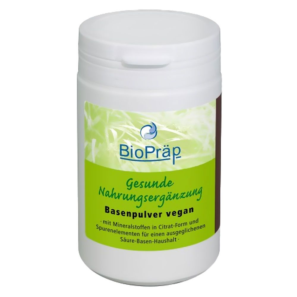 Weiße Dose mit grünem Etikett. Aufschrift: BioPräp, Gesunde Nahrungsergänzung, Basenpulver vegan. Enthält Mineralstoffe und Spurenelemente.