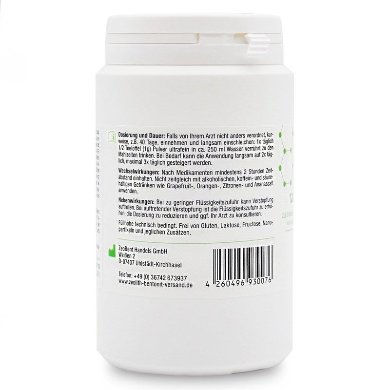 Rückseite der weißen Dose. Text in deutscher Sprache. Barcode und Kontaktinformationen. Zeolith-Bentont-Versand.