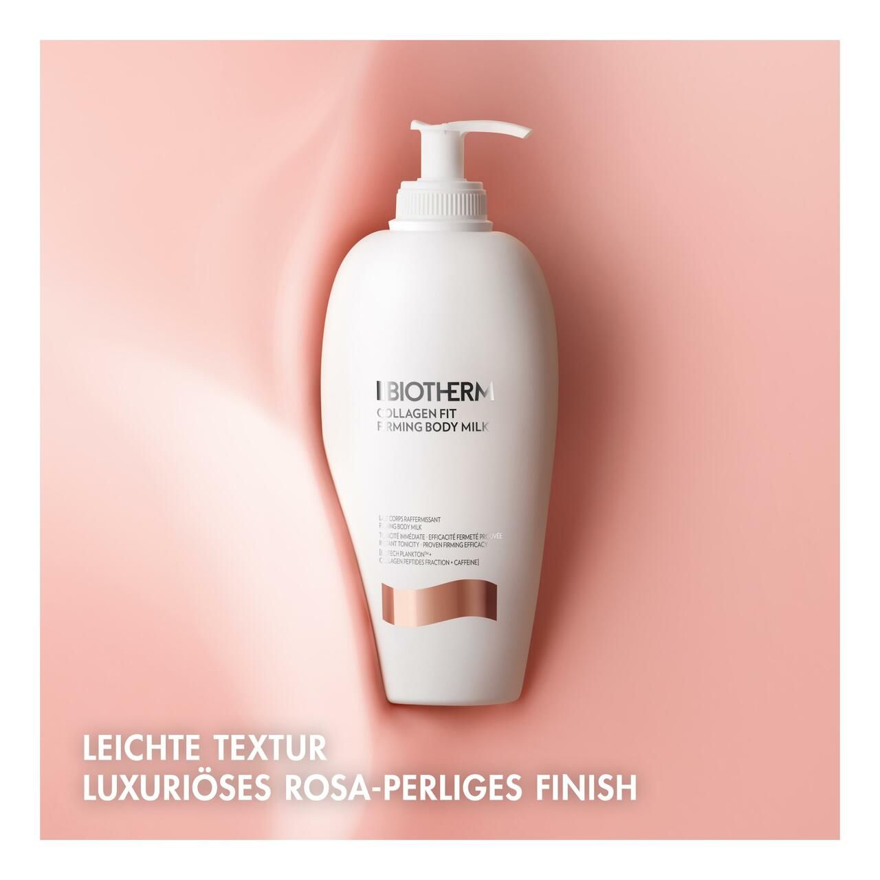 Weiße Flasche mit Pumpverschluss auf rosa Hintergrund. Text: Leichte Textur. Luxuriöses rosa-perliges Finish.