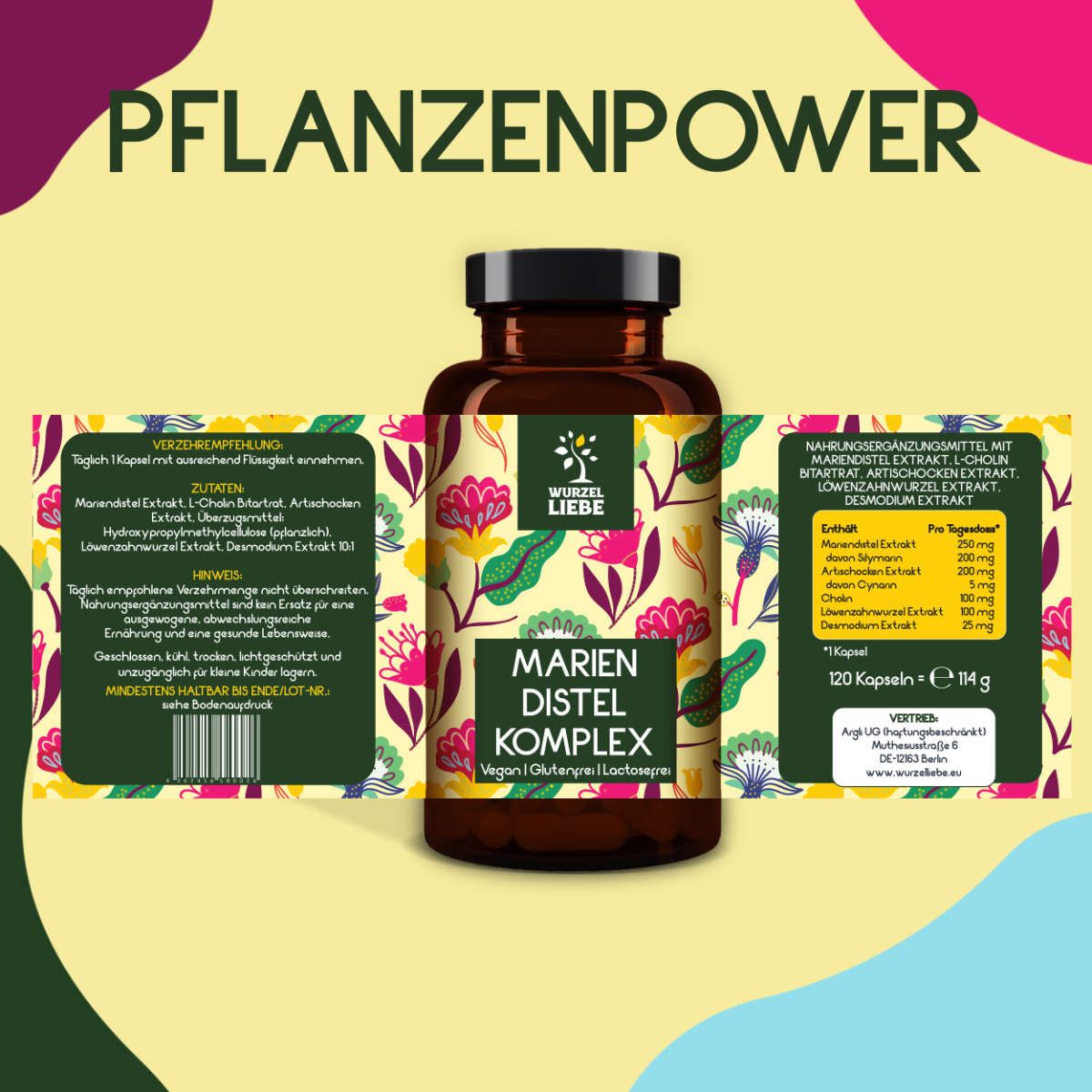 Braune Flasche mit floralem Etikett. Text: Mariendistel Komplex. Produktinformationen, Inhaltsstoffe, Dosierung, Nährwertangaben.