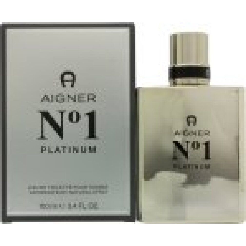 Aigner No. 1 Platinum EdT. Flakon und Verpackung. Weißes Flakon, schwarze Schrift. Schwarze Verpackung mit Logo.