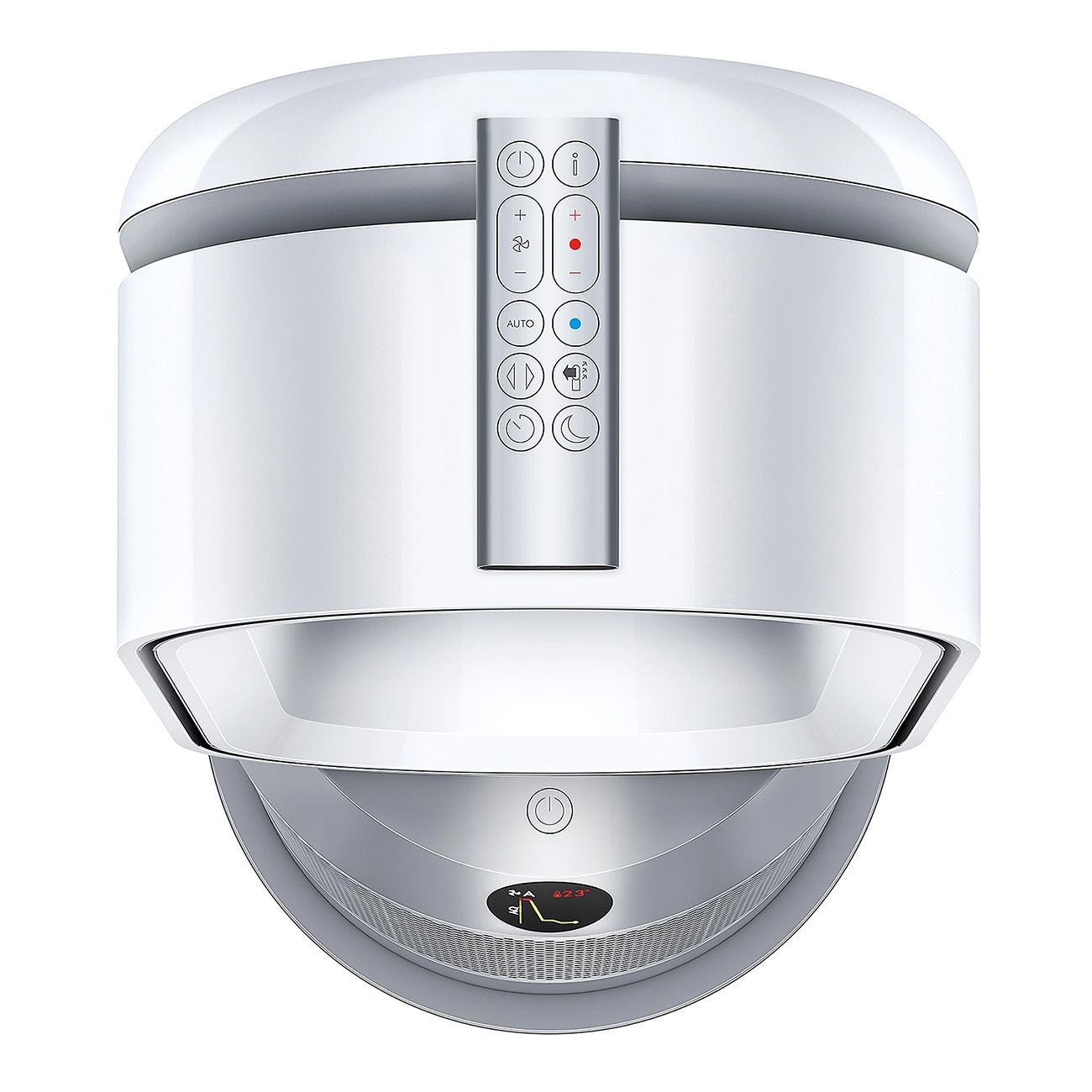 Weißer Ventilator, Draufsicht. Ovale Form, silberne Bedienelemente. Fernbedienung mit Tasten. Unterteil mit Gitter.