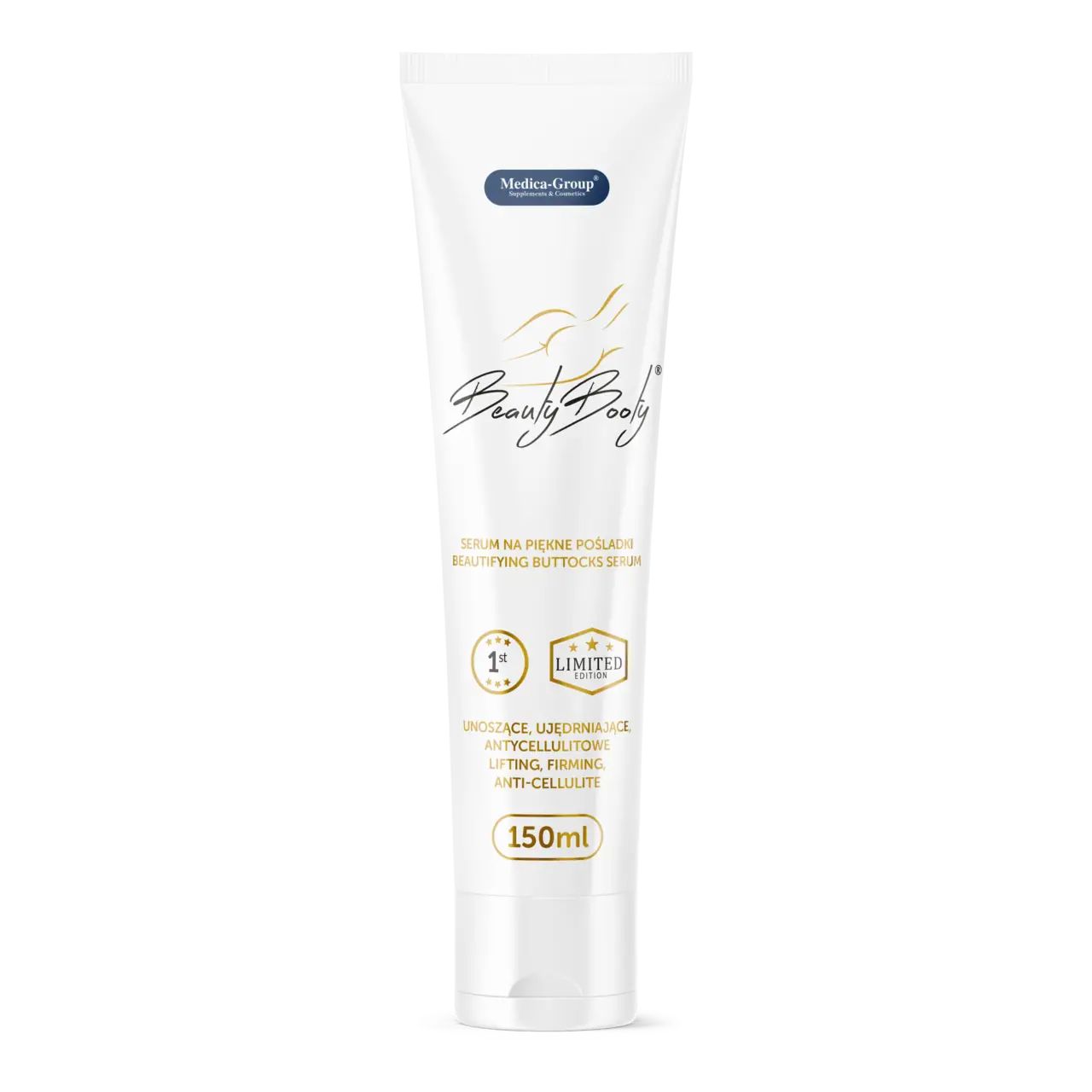 Weißes BeautyBooty Serum in Tube. Aufschrift: Medica-Group, BeautyBooty, Serum, 1st, Limited Edition, 150ml.