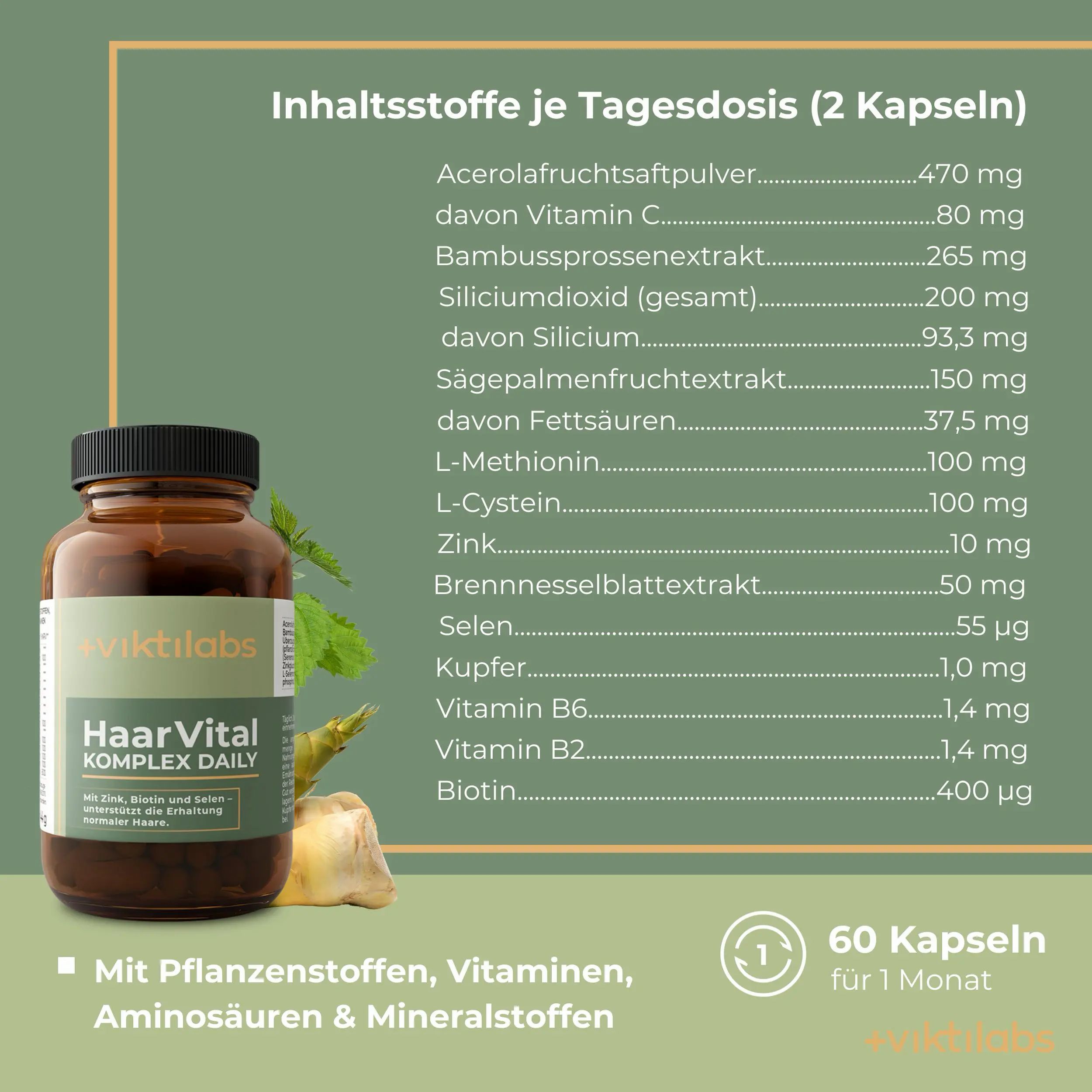 Flasche HaarVital Komplex Daily neben einer Liste von Inhaltsstoffen und Mengen. Enthält 60 Kapseln.