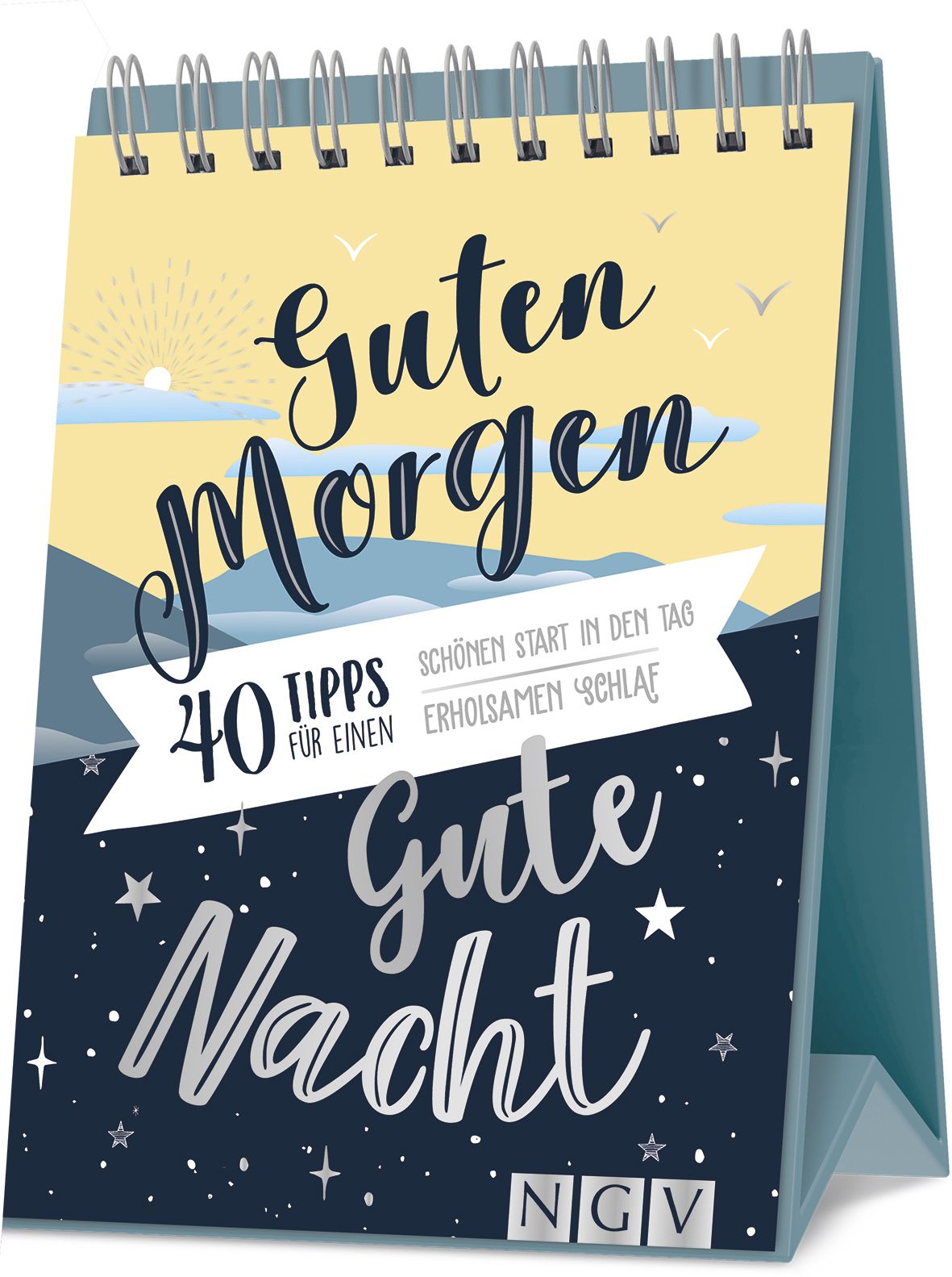 Tischkalender mit Spiralbindung. Titel: Guten Morgen, Gute Nacht. Enthält 40 Tipps für einen erholsamen Schlaf. NGV Logo.