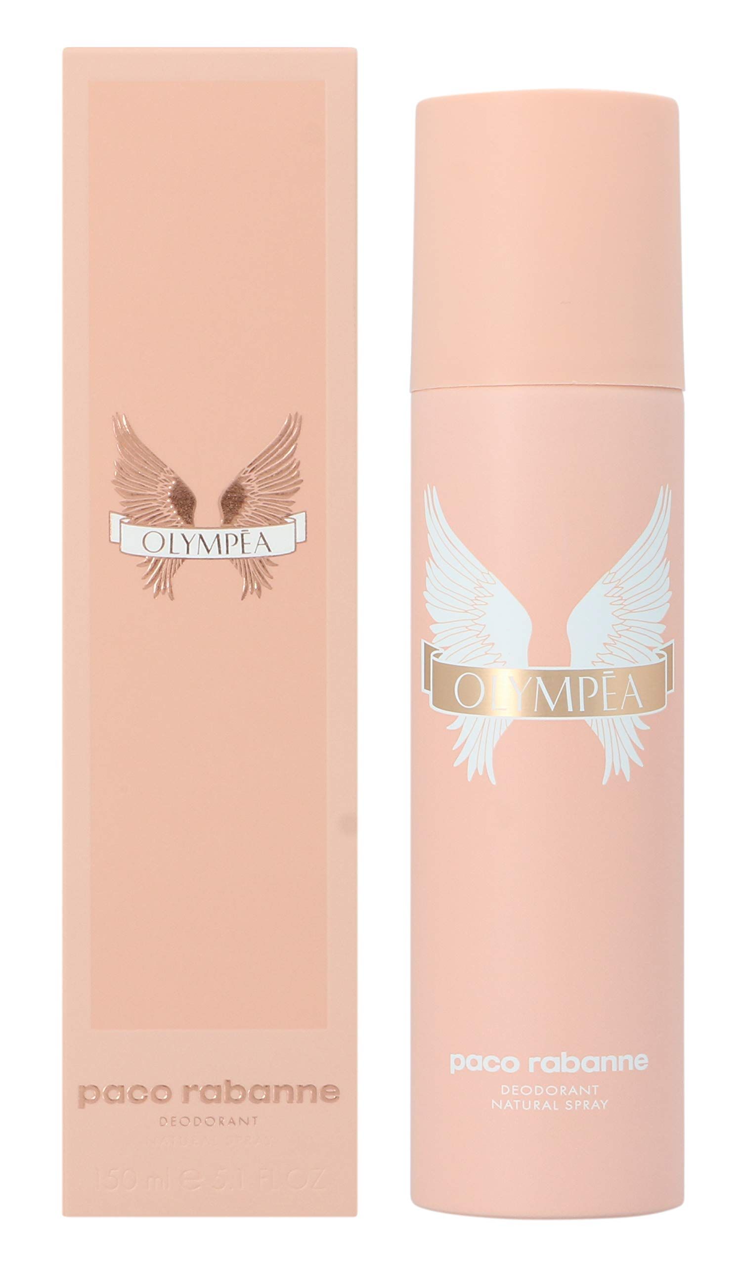 Paco Rabanne Olympea Deodorant Spray und Verpackung. Rosa Dose und Schachtel mit Logo und Schriftzug.
