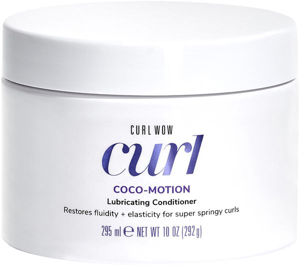 Weißer Tiegel mit Deckel. Aufschrift: Curl Wow Coco-Motion Lubricating Conditioner. Volumenangabe: 295 ml.