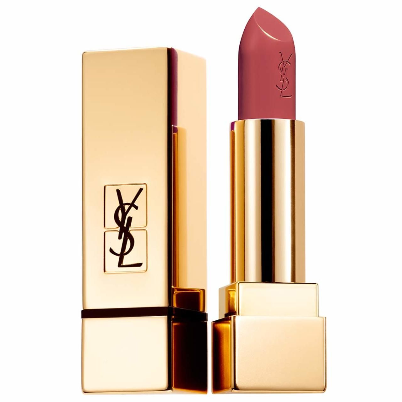 Goldfarbener Lippenstift mit geöffneter Kappe. Der Lippenstift ist rosa. Das YSL-Logo ist auf dem Lippenstift und der Kappe zu sehen.