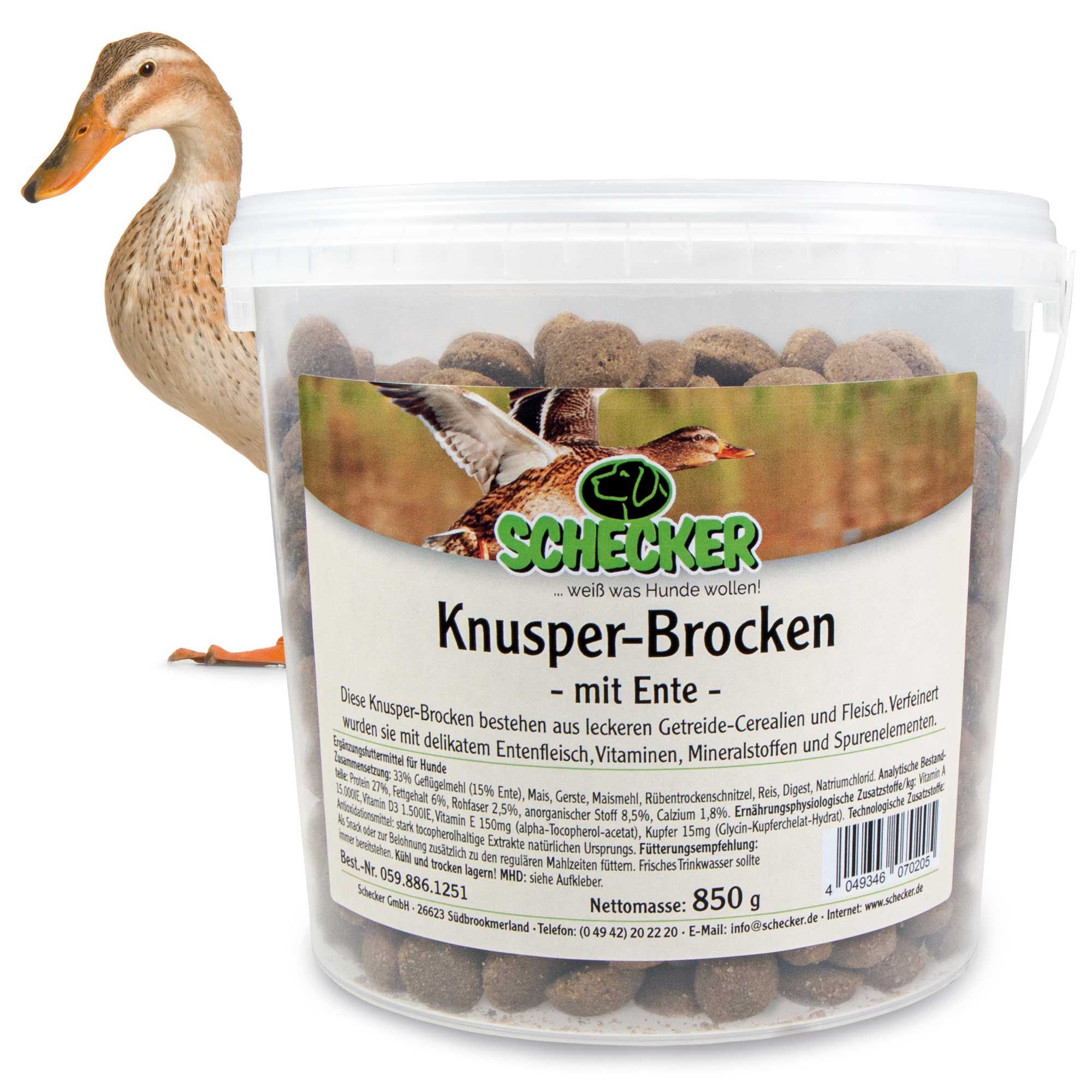 Schecker Knusper-Brocken mit Ente - wertvolle Cerealien - Calcium - Vitamine im Eimer