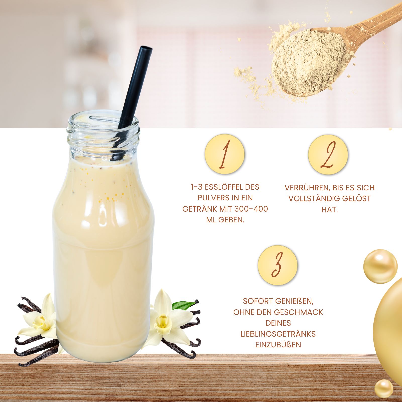 Glasflasche mit Getränk und Vanilleschoten. Anweisungen in drei Schritten: Pulver in Getränk geben, verrühren, genießen.