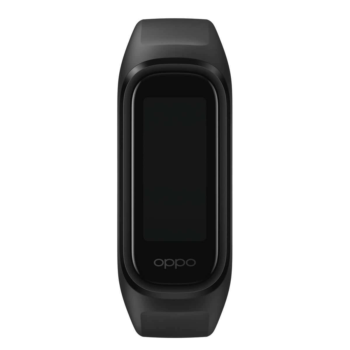 Schwarzer Fitnesstracker. Schwarzes Display mit Oppo-Logo. Rechteckige Form.