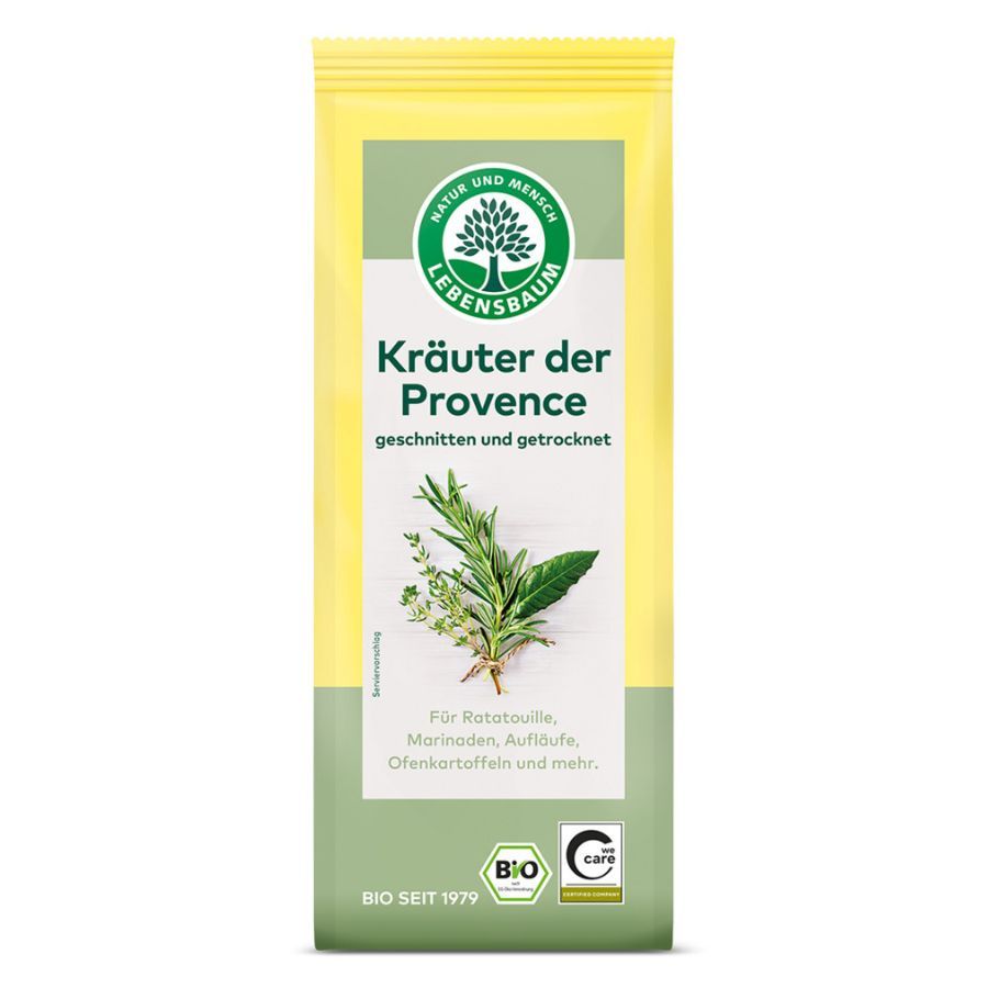 Verpackung mit Kräutern der Provence. Aufschrift: Kräuter der Provence, geschnitten und getrocknet. Bio-Siegel.
