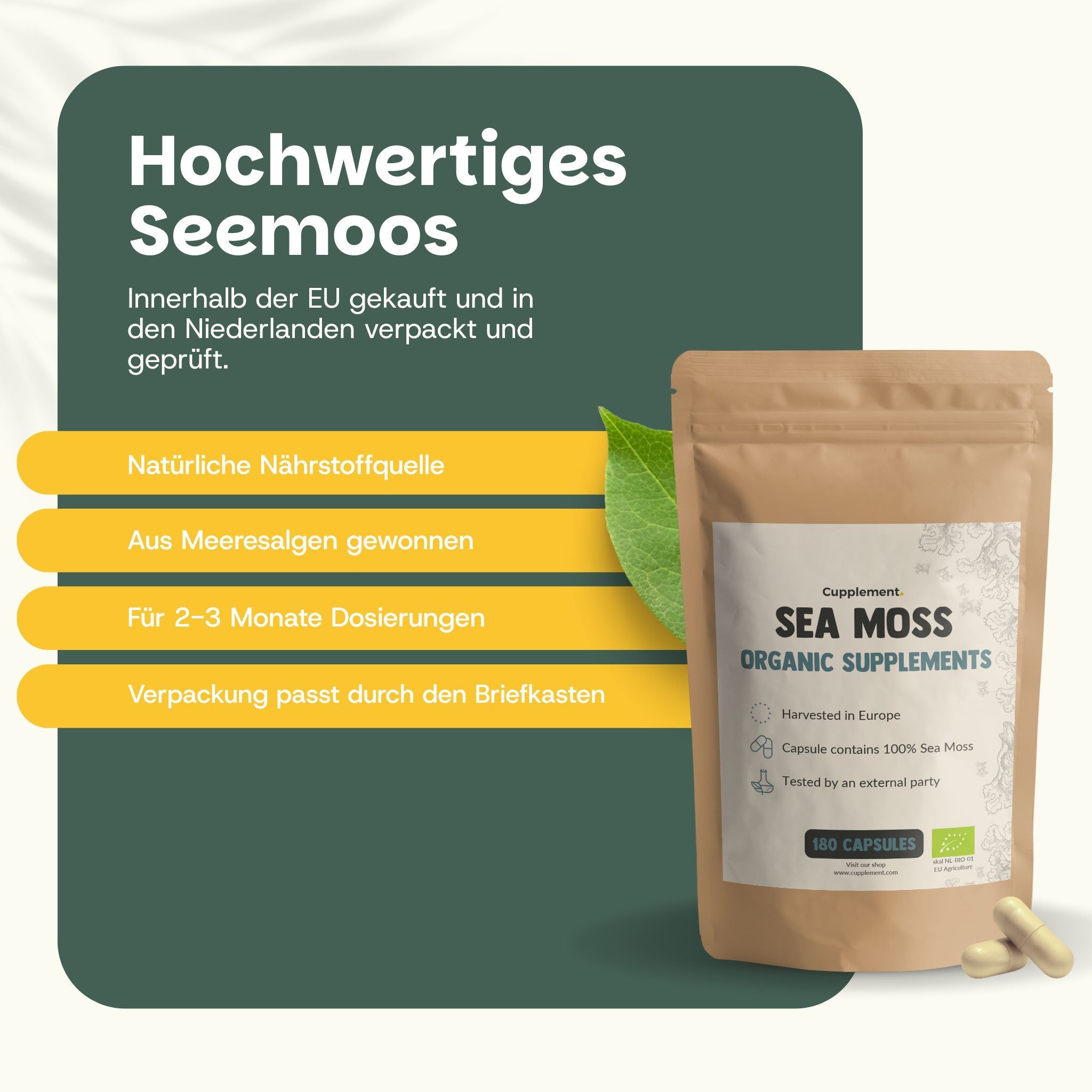Hochwertiges Seemoos. Brauner Beutel mit Sea Moss Organic Supplements. 180 Kapseln. Zwei Kapseln liegen daneben. EU-Verpackung.