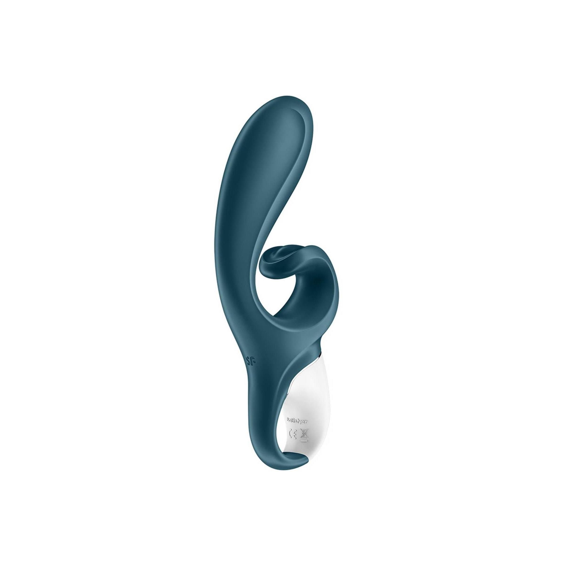 Blau-weißer Vibrator. Ansicht von der Seite. Gebogene Form. Glatte Oberfläche.