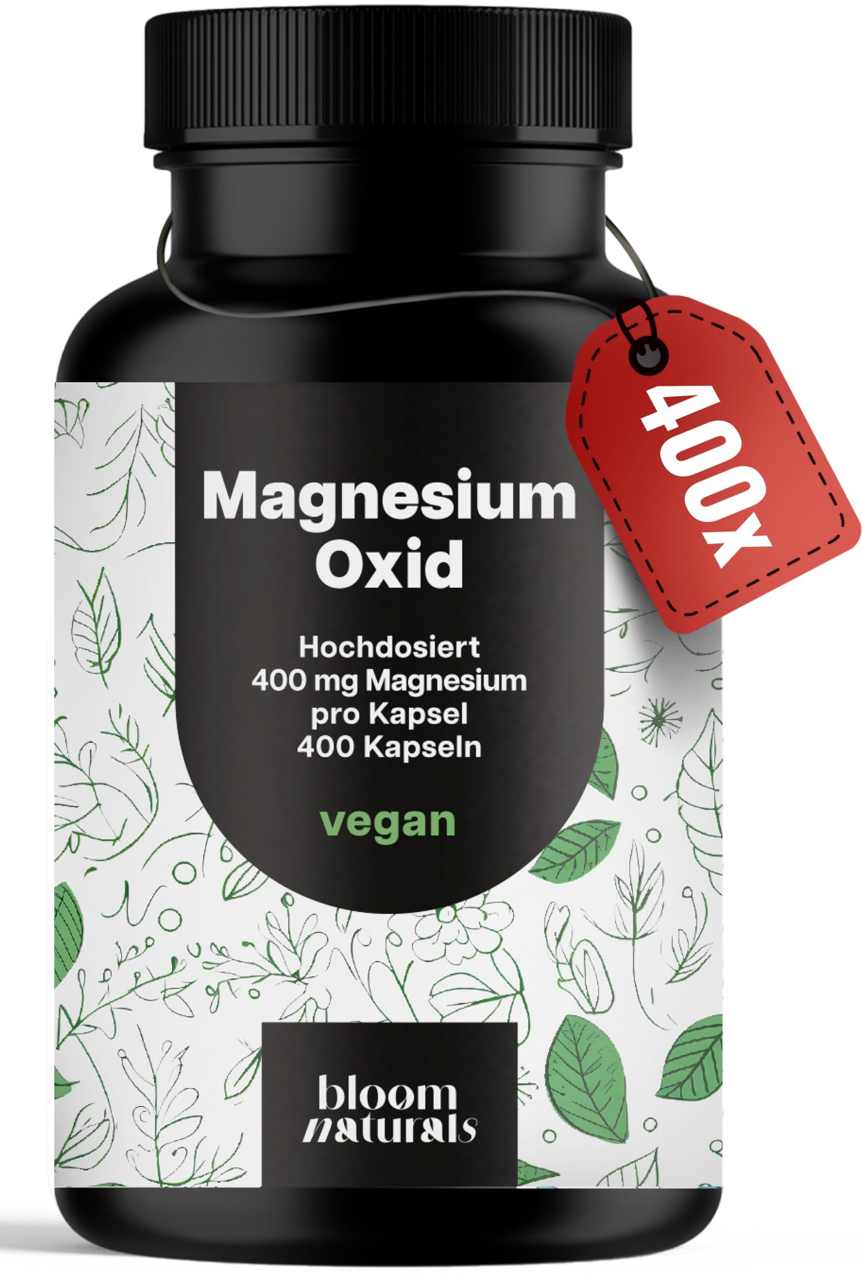 Bloom Naturals Magnesiumoxid Flasche mit rotem 400x Anhänger. "vegan" Kennzeichnung.