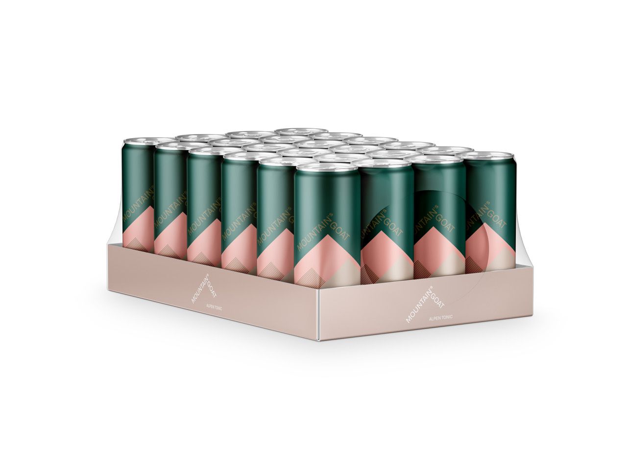 Ein Karton mit Getränkedosen. Die Dosen sind grün mit einem rosa geometrischen Design. Der Karton ist rosa und hat ein Logo. Die Dosen sind in einem rechteckigen Karton angeordnet.