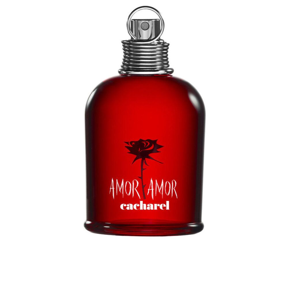 Roter Flakon mit Aufschrift AMOR AMOR und Cacharel. Silberner Zerstäuber.