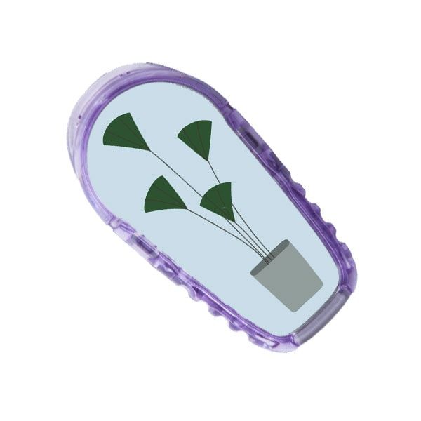 Ein ovaler Aufkleber mit einem lila Rahmen. Im Inneren ist eine Pflanze mit drei Blättern in einem Topf abgebildet.