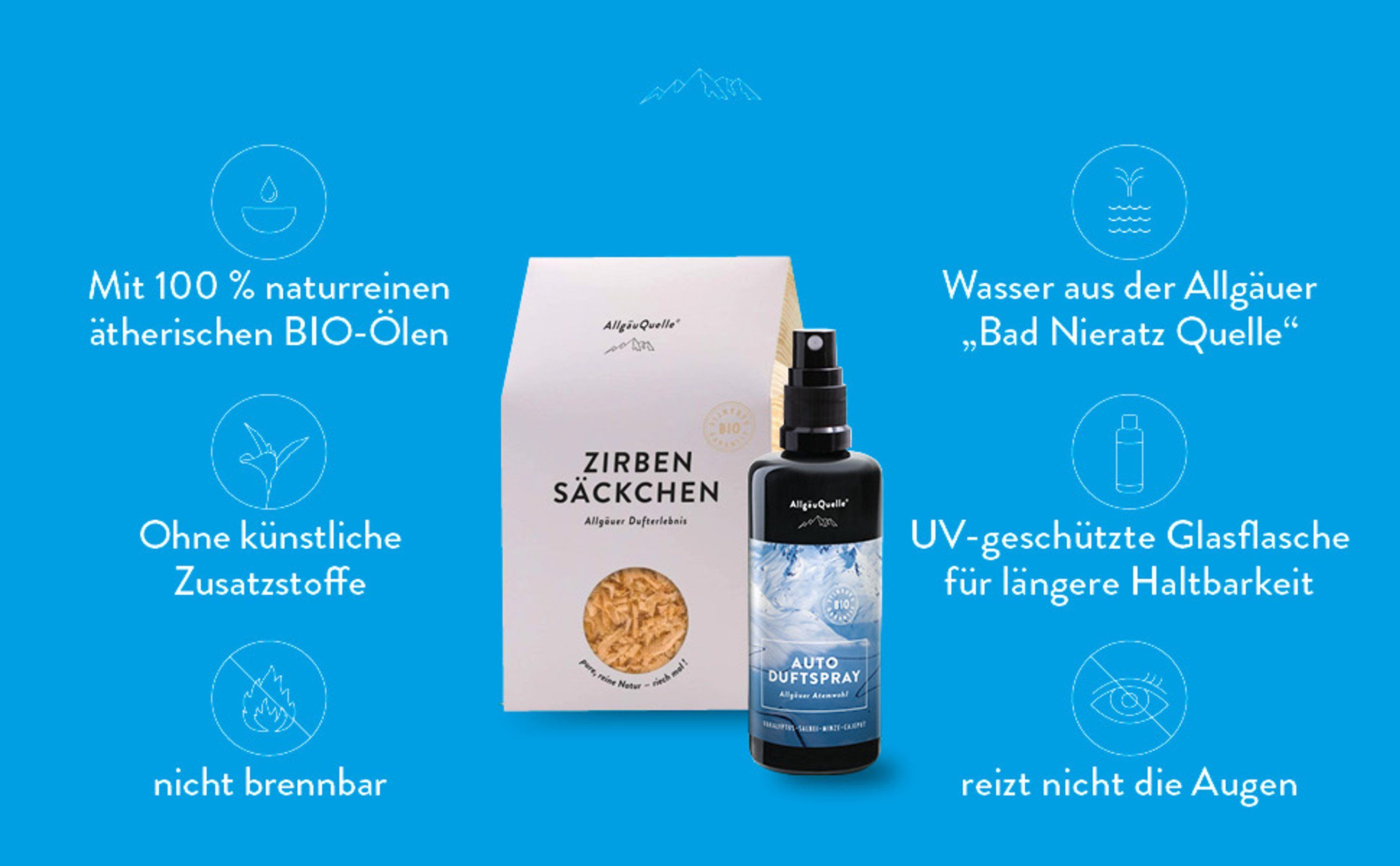 AllgäuQuelle Bio Autoduft-Set Lufterfrischer Eukalyptus mit Zirben-Säckchen  als natürlichem Duftbaum 100 ml - SHOP APOTHEKE