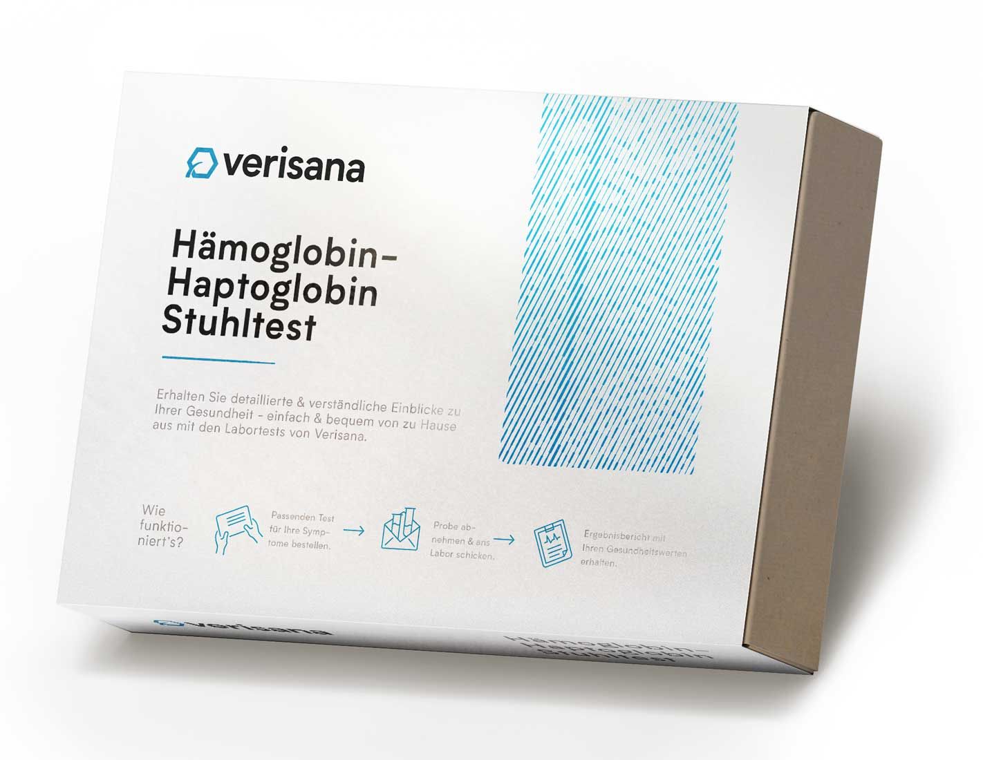 Verisana-Testpackung. Hämoglobin-Haptoglobin Stuhltest. Weiße Schachtel mit blauen Akzenten und Produktinformationen.