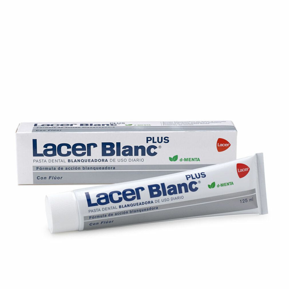 Zahnpasta-Tube und -Schachtel. Aufschrift: Lacer Blanc Plus, d-menta, Formel für tägliche Anwendung. Weiße Tube, graue Schachtel.