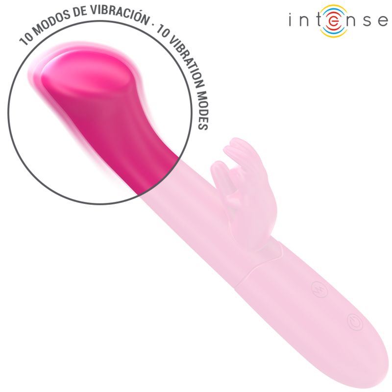 Pinkfarbener Vibrator mit gebogener Spitze. 10 Vibrationsmodi. Marke: Intense.